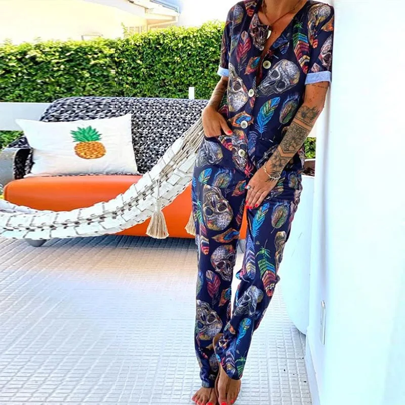 2021 new European and American fashion printed skull jumpsuit cargo pants women