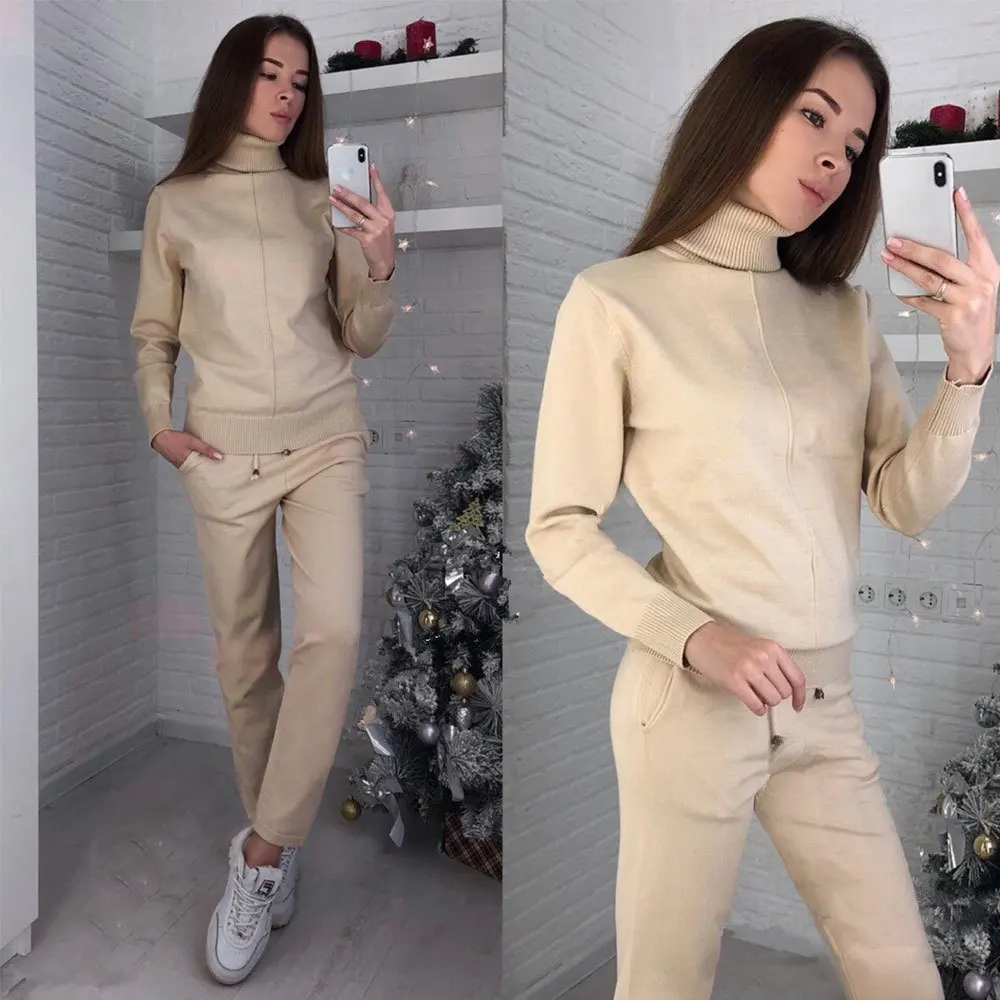 Свитер с высоким воротом Модный женский комплект спортивной одежды трикотажный