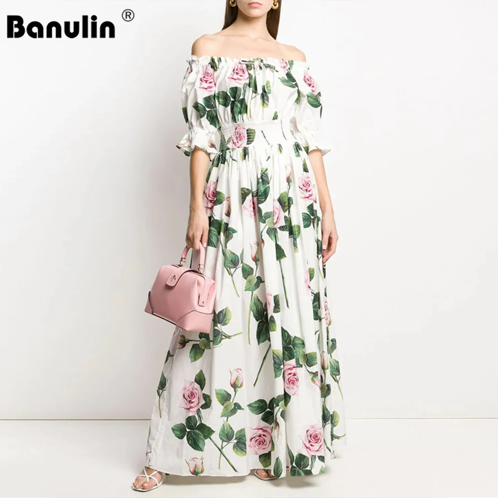 

Женское длинное платье в стиле бохо Banulin, модельное элегантное Праздничное Платье макси с открытыми плечами, пышными рукавами и цветочным п...