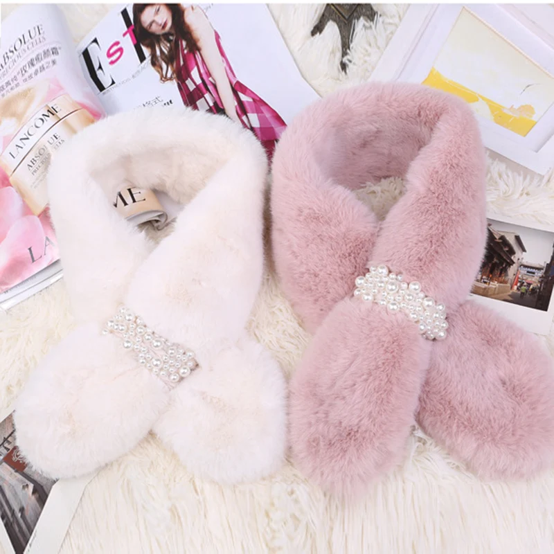 

Winter Pearl Scarves Women Luxury Faux Rabbit Fur Collar Scarf Spring Fashion Warm Ring Plush Neck Snood Scarf PJ111