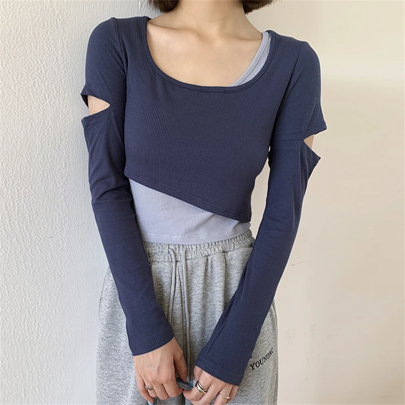 

8227 футболки из двух частей, женские обтягивающие сексуальные повседневные необычные дизайнерские модные элегантные Личные футболки с длин...