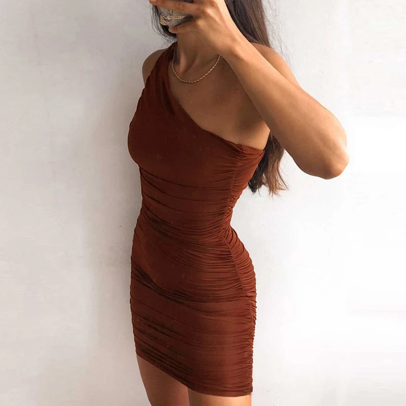 

Y2K Sexy One-shoulder Slash Neck Shirring Mini Dresses Casual High Streetwear Club Summer Women's Dress 2021