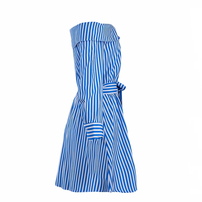 

Casual Loose Striped Women Beach Dress Summer 2021 Elegant Long Sleeve Striped Slash Neck Sexy Party Mini Dress Shirt Dress