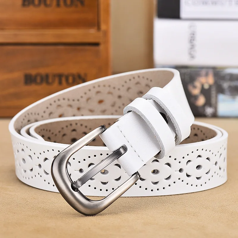 

High Quality Leather Belt Fashion Ladies Casual Pants Jeans Skirt Shorts Hollow Pin Buckle Hollow White Wide Belt