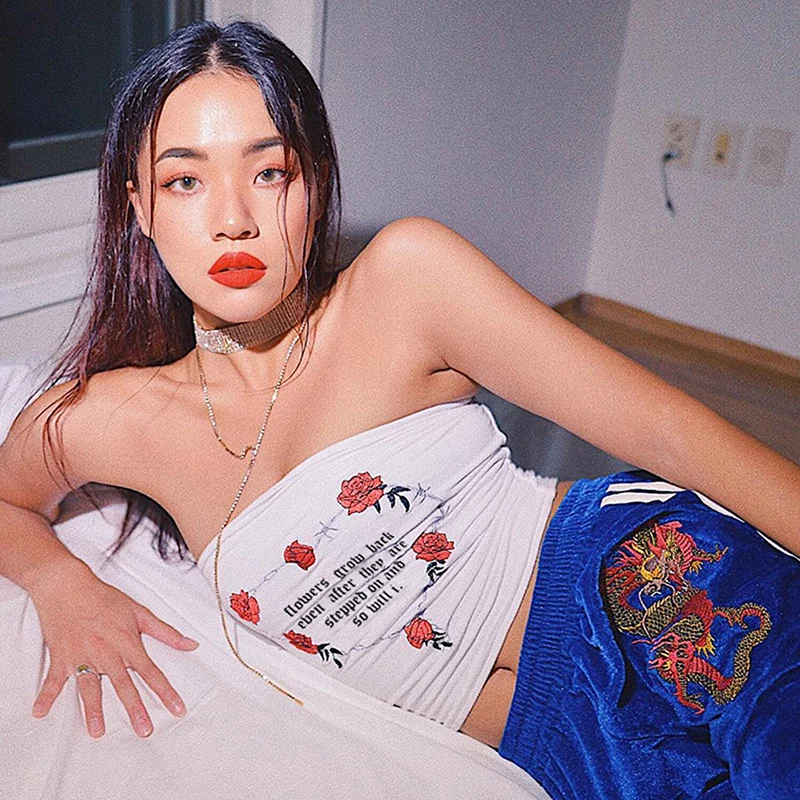 

Summer Women Sexy Strapless tank Top Flower Printed Bandeau Summer Letters Streetwear Off Shoulder Crop Top