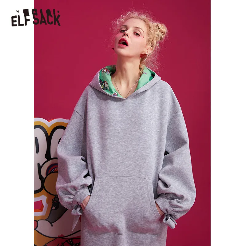 ELFSACK, серый, однотонный, с принтом крысы, пэтчворк, с капюшоном, Повседневный свитер, платье для женщин, зима, корейский стиль, рукав-фонарик, женские платья