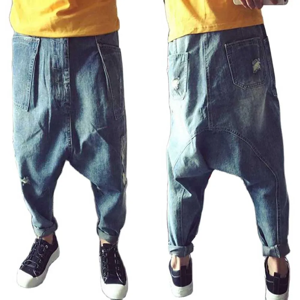 Loose Baggy Harem Jeans Men Hip Hop Ripple Jeans Denim Pants Streetwear Low Crotch Distressed Jeans Blue Trousers Male Clothes