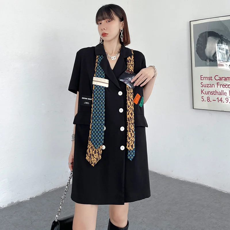 

Женское платье-блейзер в клетку, черное платье большого размера с отложным воротником и рукавом до локтя, свободного покроя, весна-лето 2021, ...