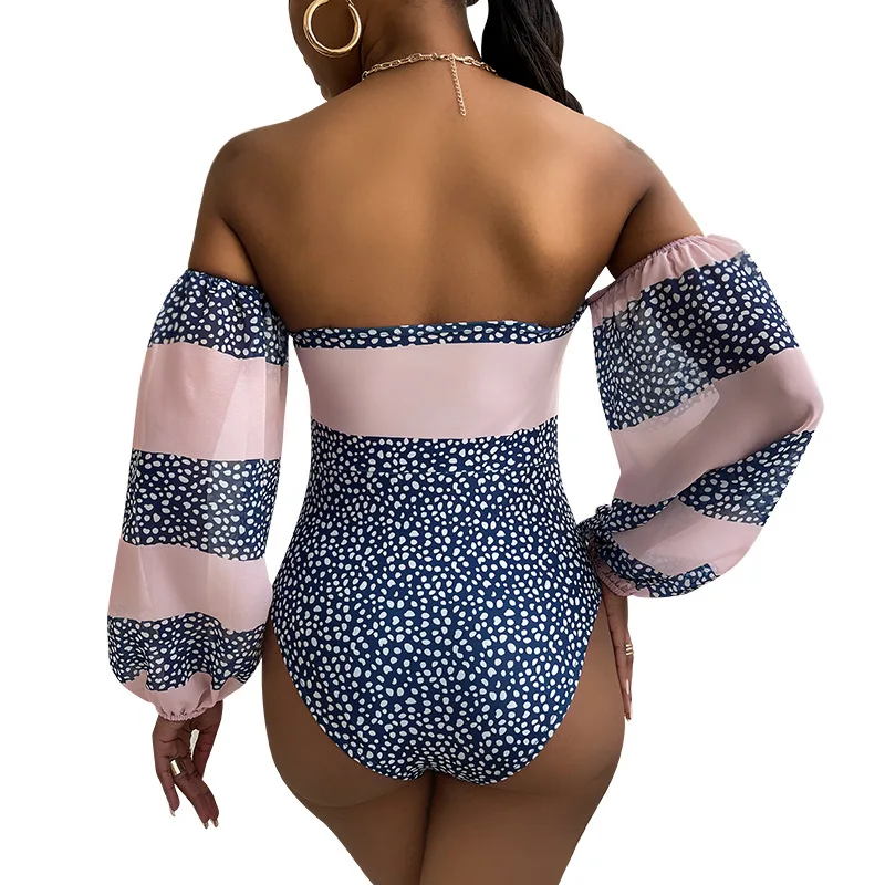 Cutubly Women Hollow Out Print Casual Skirt Bikini Sets Sexy Bow Lace Up Bikini Set Off Shoulder Lantern Sleeve Slit Skirt Sets