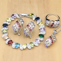 925 silver jewelry sets flower multicolor stone decoration for women wedding earringspendantringbraceletnecklace set