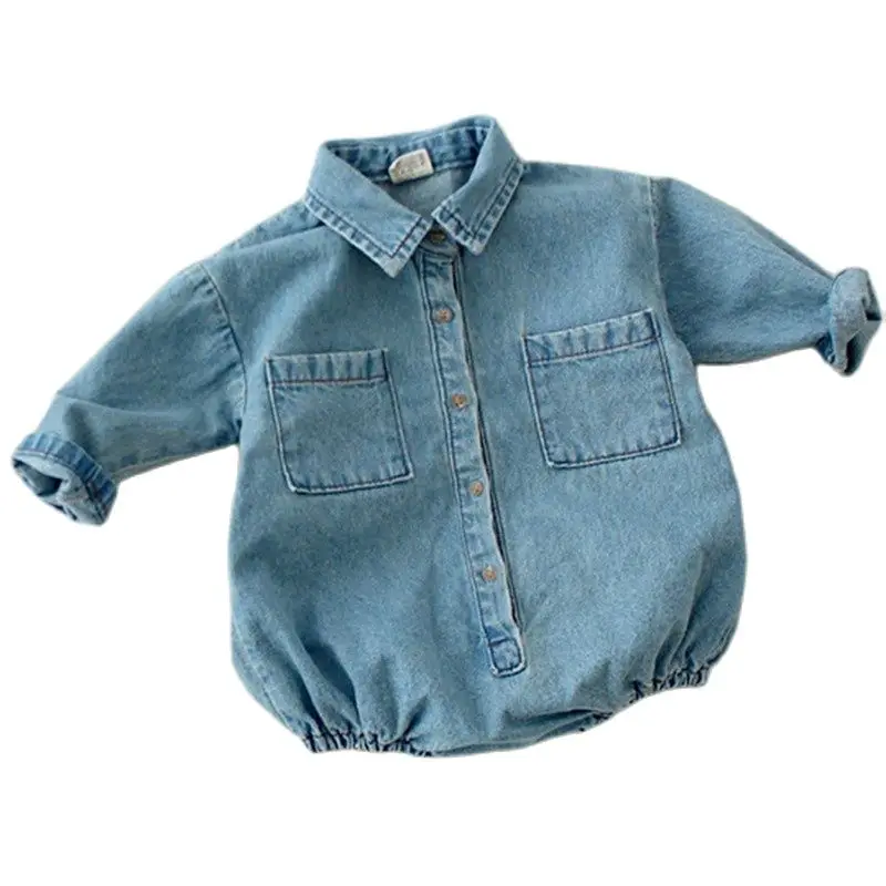 

2021 Korean Toddler Kids Girls Baby Boys Denim Clothes Long Sleeve Bodysuit Solid Spring Autumn New Jumpsuit Outfit Baby Clothes