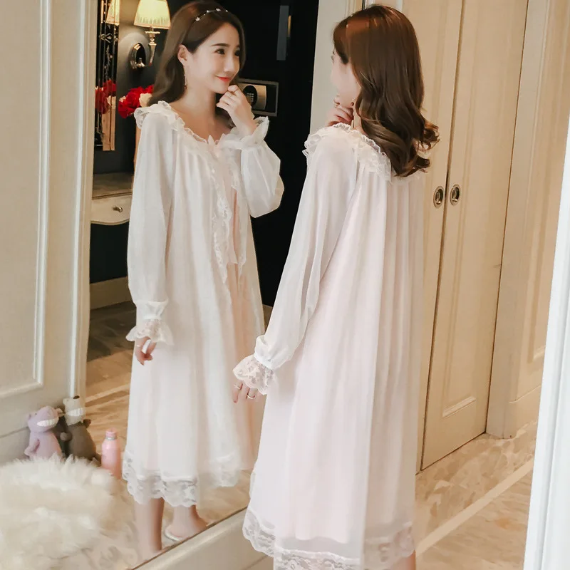 Korean Court Nightdress Long Sleeve Spring Autumn Cotton Princess Dress Lace Nightgown Sexy Sleepwear Lady Nightwear Sleep Dress