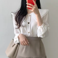 white shirts women korean fashion female clothing solid double layer long sleeve chiffon blouses autumn button basic tops