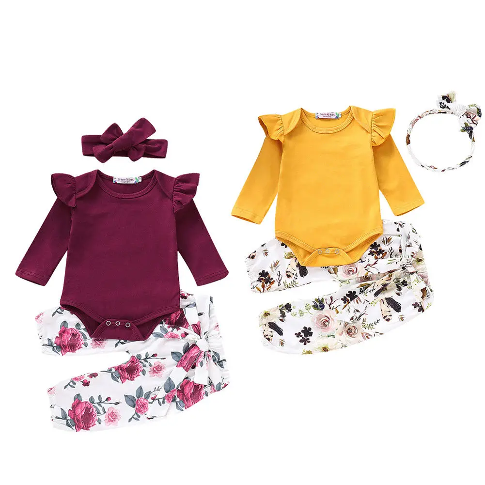

Newborn Baby Girl Long Sleeve Cotton Bodysuit Tops Floral Long Pant Headband Outfits Baby Girl Clothes 3PCS Set