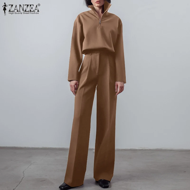 

2PCS Fashion Women Spring Urban Tracksuits Sets ZANZEA Elegant Long Sleeve Blouse Matching Sets High Waist Wide Leg Pants Suits