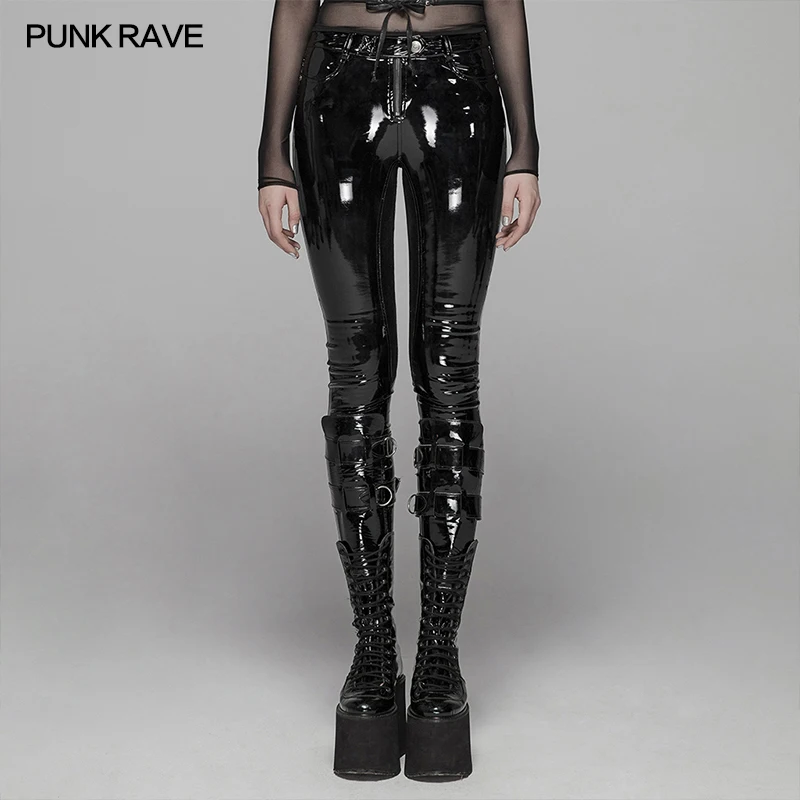 PUNK RAVE Women Fashion Patent Leather Pants WK378,Tight Elastic Trousers