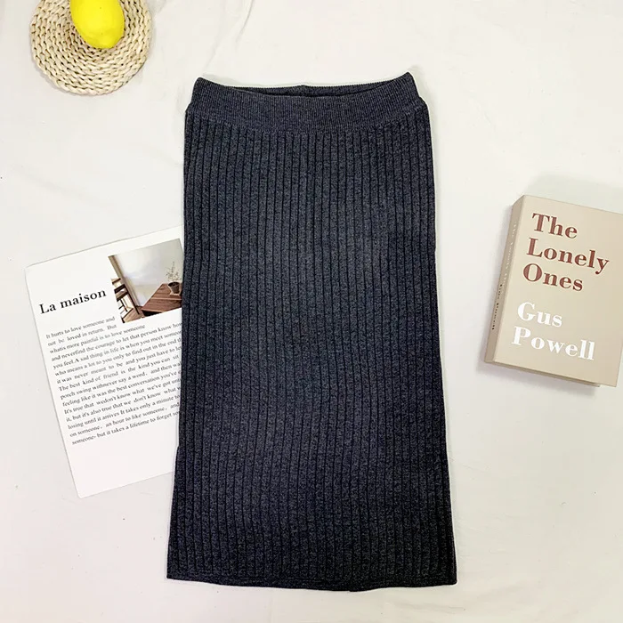 B-grey TMWEVN тонкая трикотажная юбка с высокой талией Faldas Mujer Moda Зимняя юбка - Цвет: B-grey