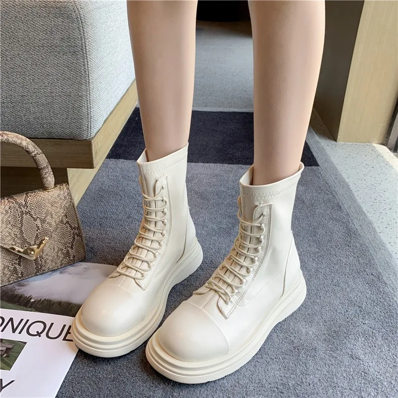Women's mid-tube boots Women's autumn and winter fashion lace-up Botas Mujer boots sports platform high-heeled women's shoes