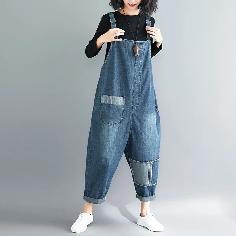 Комбинезон джинсовый женский свободного покроя, винтажный Повседневный джемпер из денима в стиле ретро, джинсовый Ромпер, большие размеры, ...