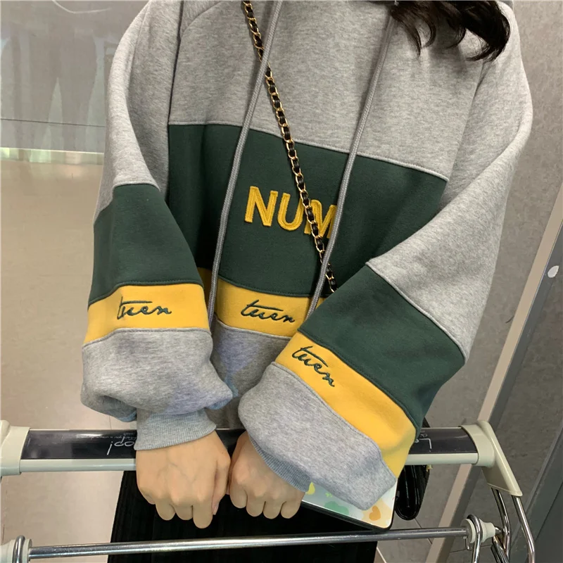 

Real Shot Plus Velvet Autumn Winter Sweater Female Colorblock Hood