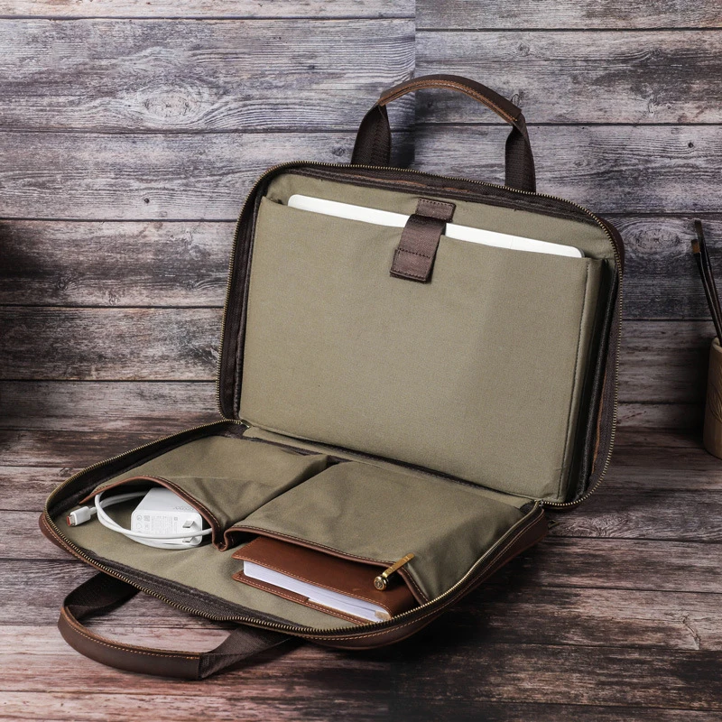 OYIXINGER Men's Leather Business Briefcase Suitable For Dell Hp Acer 15 inch Laptop Bag Female Vintage Shoulder Bags With Pouch