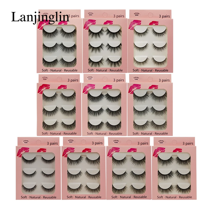 

LANJINGLIN False Eyelashes 3 pairs 3D Mink Lashes Soft Natural Wispy Handmade Faux Mink Lashes Extension Makeup Kit Tool