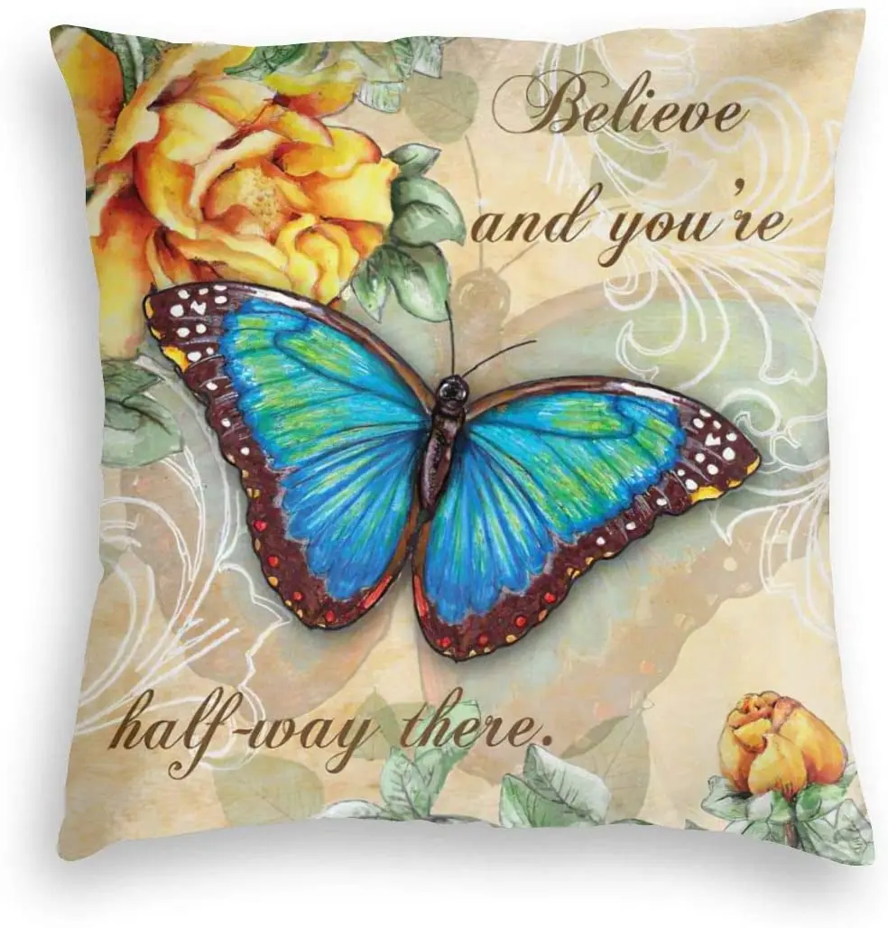 

Cushion Covers Gifts -Old Blue Butterfly Yellow Rose Insect Vintage Print Velvet Soft Square Pillow case Home Decor Indoor Sofa
