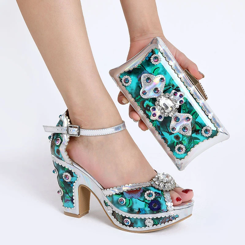Fashion Italian Shoes and Bag Set Square High Heel Sandals with Purse African Party Wedding Nigerian High Heels and Purse Set