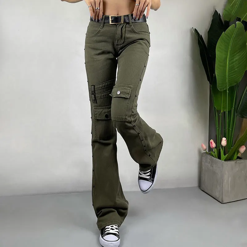 

Flare Cargo Pants Y2k Mid Waist Women Jeans Pockets Slim Bootcut Green Denim Trousers Korean Fashion Urban Streetwear 2022 New