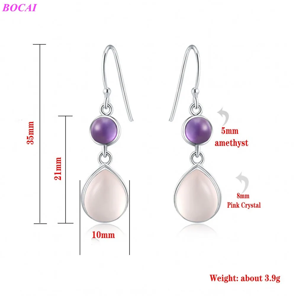 

BOCAI s925sterling silver ear drop natural crystal amethyst female fashion temperament Thai silver earrings for women