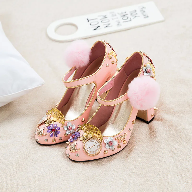 Женские туфли лодочки Phoentin pink mary janes с кристаллами и цветами мехом из натуральной