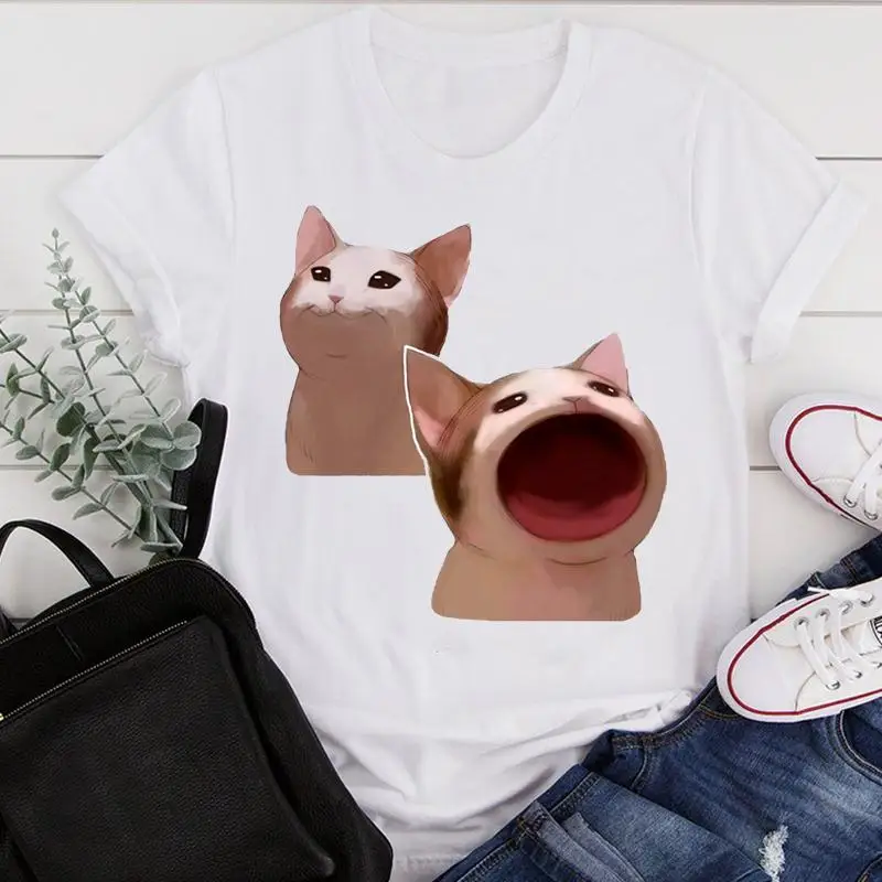 

Cute Animated Cat Pattern T-shirt College Street Style Summer Animal Print Cartoon Short-sleeved Fashionable Graphic Clothing