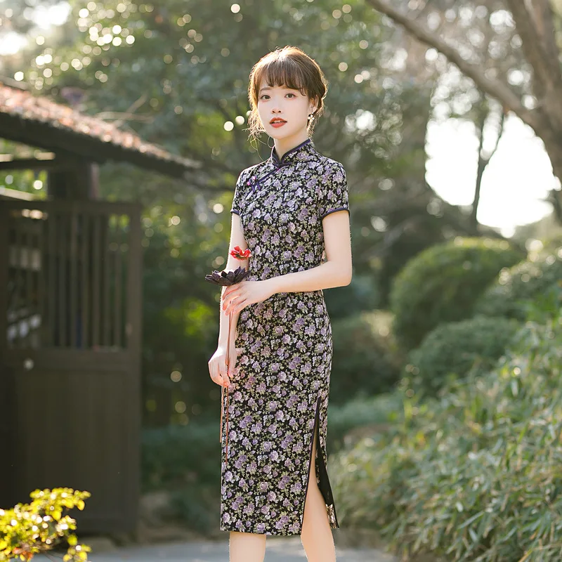 

Mandarin Collar Women Print Oriental Traditional Dress Elegant Chinese Wedding Party Qipao Sexy Slim Short Sleeve Cheongsam