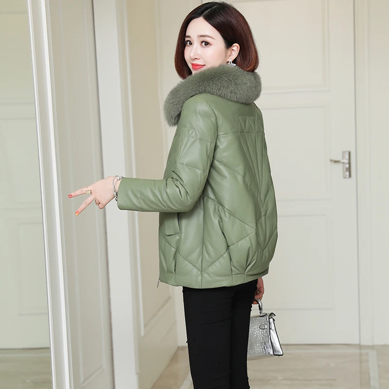 Женская зимняя куртка из натуральной кожи на утином пуху Женское пальто с