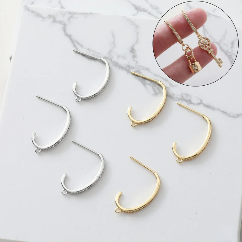 

Copper-plated real gold and color-preserving simple inlaid zirconium C-shaped earrings diy hand-made material accessories