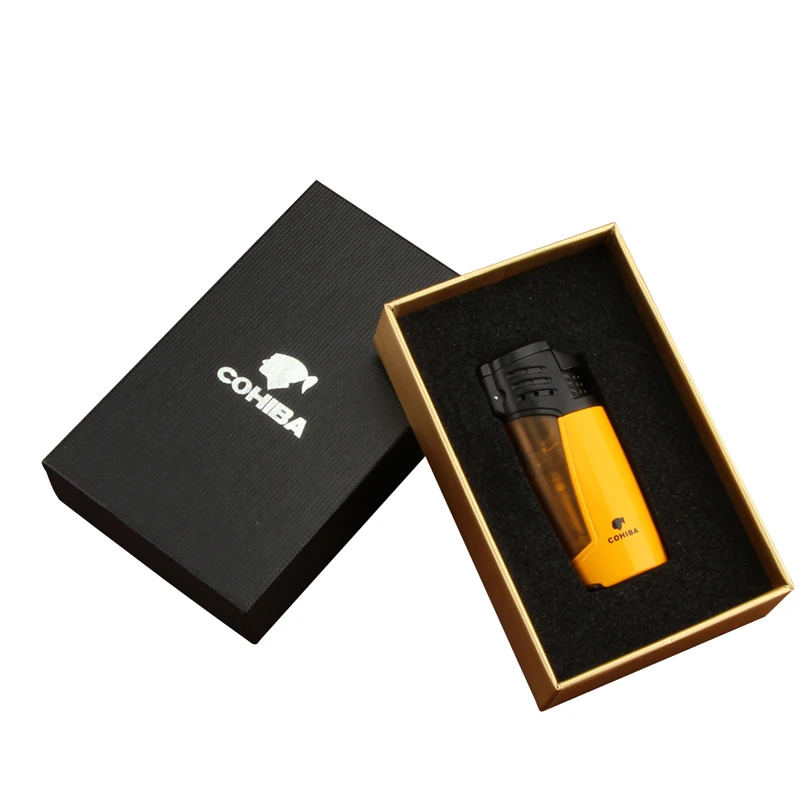 COHIBA зажигалка для сигар, фонарь, зажигалка для сигарет, газовая зажигалка, Портативная Бутановая Зажигалка, аксессуары для табака с подарочной коробкой