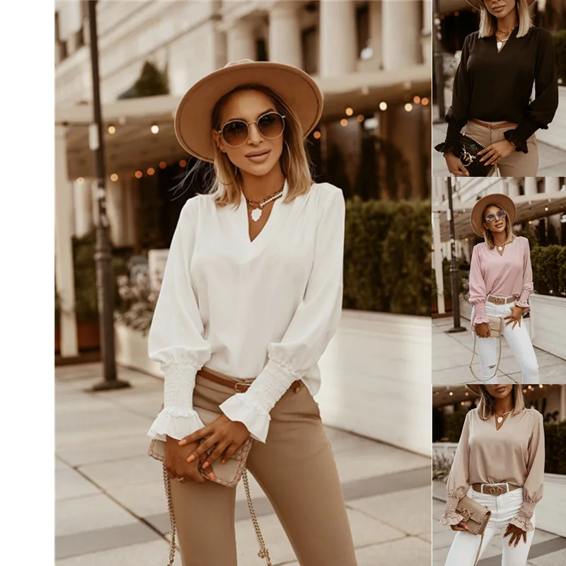 

Autumn Solid Simple Cuffs V-neck Blouses 2020 Ladies White Casual Slim OL Commuter Office Chiffon Work Clothes Black Female