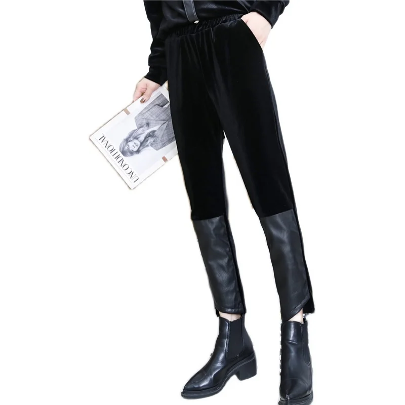 

Gold velvet sheepskin trim harem women's pants new fall down asymmetrical ankle length Korean-style office ladies'pants