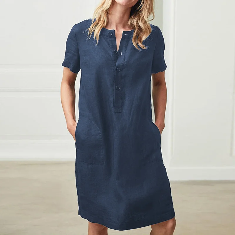 

Women Short Sleeve Pocket Midi Dress Button Solid Plus Size 5XL Dresses Female 2021 Spring Summer Vintage Straight Vestidos