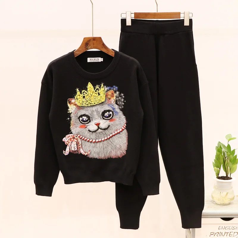 Женский вязаный комплект с рисунком кота длинный рукав бисером свитер +