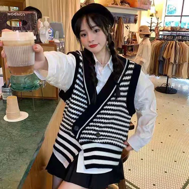 

Весенне-осенний Модный Новый стильный короткий Свободный вязаный небольшой очаровательный кардиган в полоску с V-образным вырезом Женский ...