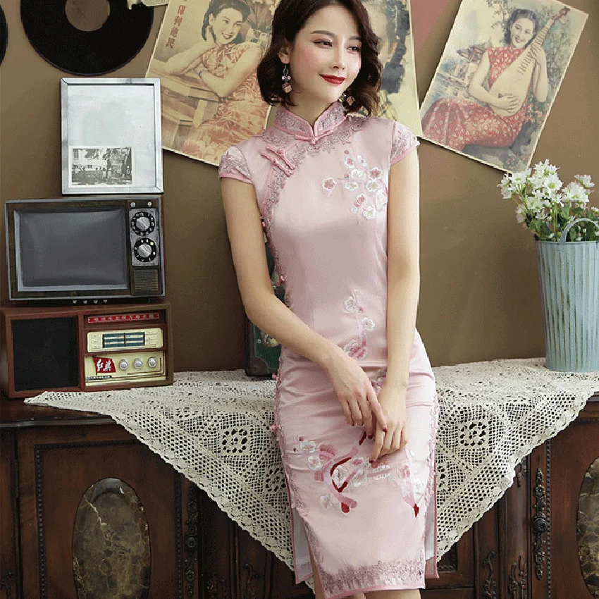 Традиционное китайское свадебное платье для женщин с цветочной вышивкой