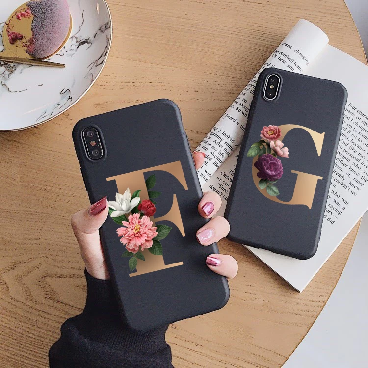 

The Letter Alphabet Flowers Black TPU Phone Case for iPhone XR XS MAX 11pro 12pro MAX 7 6s 8 plus SE 12mini Silicone Cover