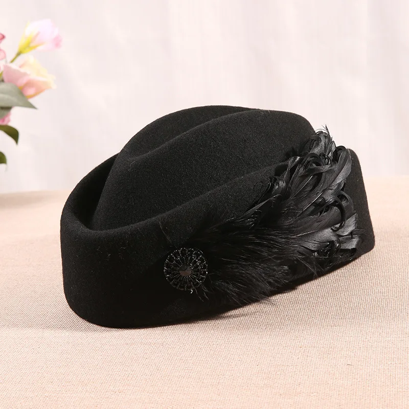 Women Elegant Feather Fascinator Hat Cocktail Beret Cap Lady Wedding Party Church Hair Accessories Wool Felt Pillbox | Аксессуары для