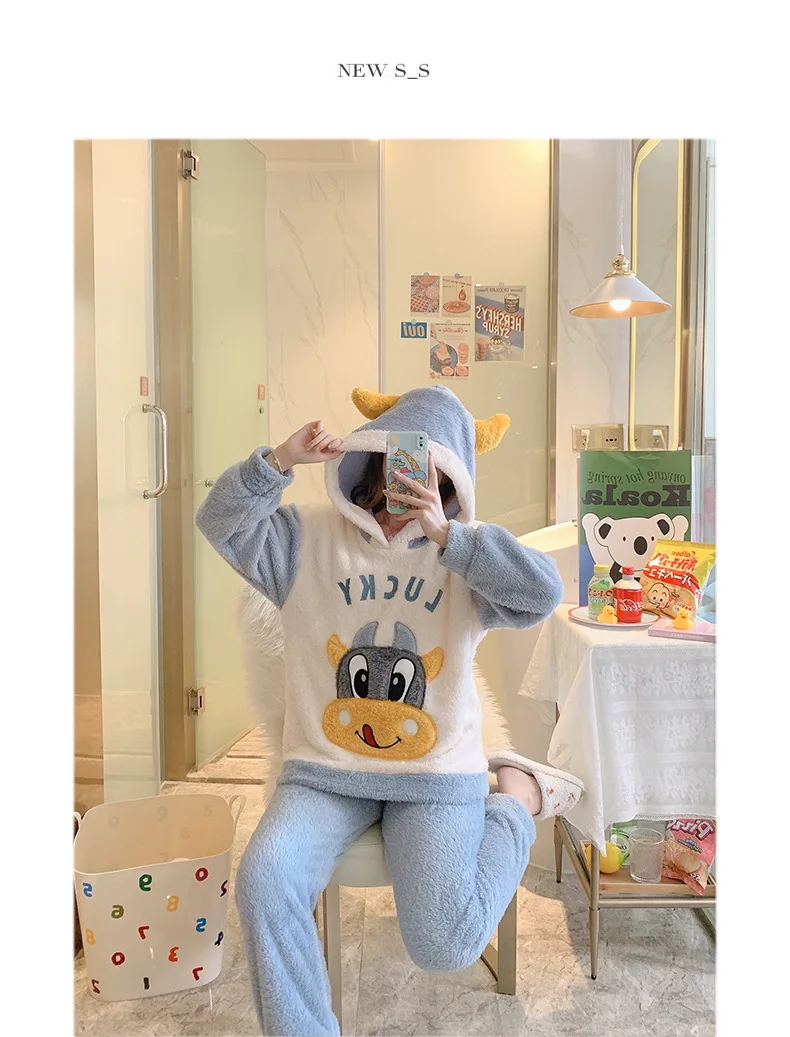 Pijamas Kawaii de felpa gruesa para padres e hijos, ropa de franela de manga larga para mantener el calor, bonita, de dibujos animados, para el hogar y la familia, Invierno-3