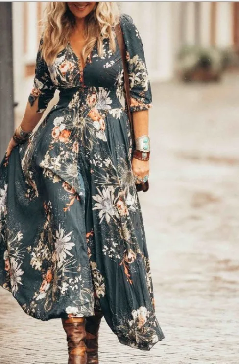 

Sexy Summer Maxi Dress Women Fashion Print V-Neck Petal Sleeve Plus Size A-LINE Dresses for Women LUGENTOLO