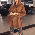 Куртка женская из мягкой искусственной кожи, коричневая приталенная Элегантная куртка средней длины из искусственной кожи с поясом и карманами, 2021