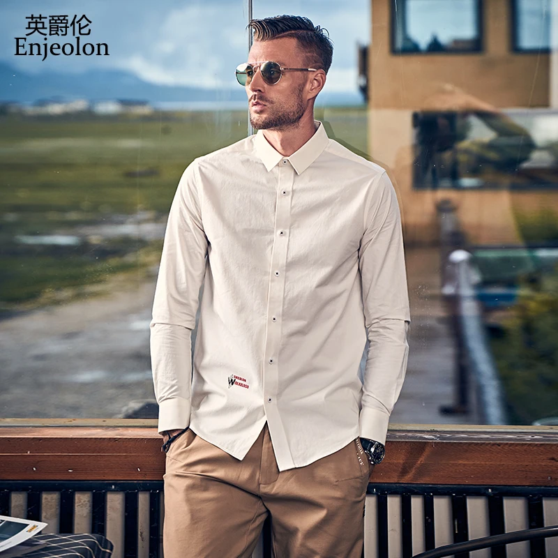 Мужская Повседневная рубашка Enjeolon белая однотонная приталенная из 100% хлопка с