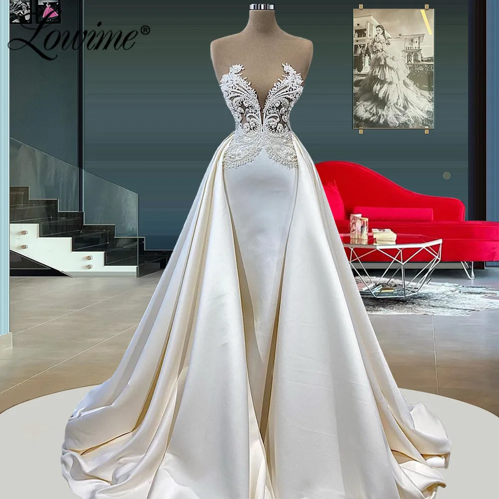 

Hunter Ivory Arabic Evening Dresses 2021 Strapless Dubai Beaded Muslim Formal Dress for Women Wedding Party Gown Robes Plus Size