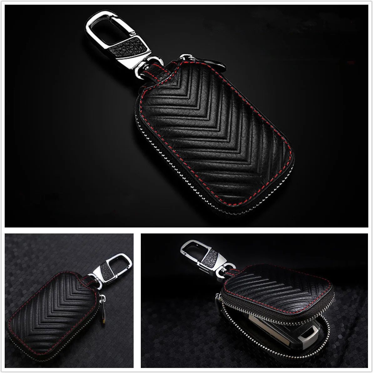 

Black Car Key Pouch Bag Case Organizer Smart Leather Keychain Wallet Holder Chain Wallet Ring Collector Housekeeper Pocket